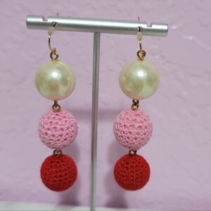 J. Crew Cerise Crochet Pearl Pink Red Drop Earrings